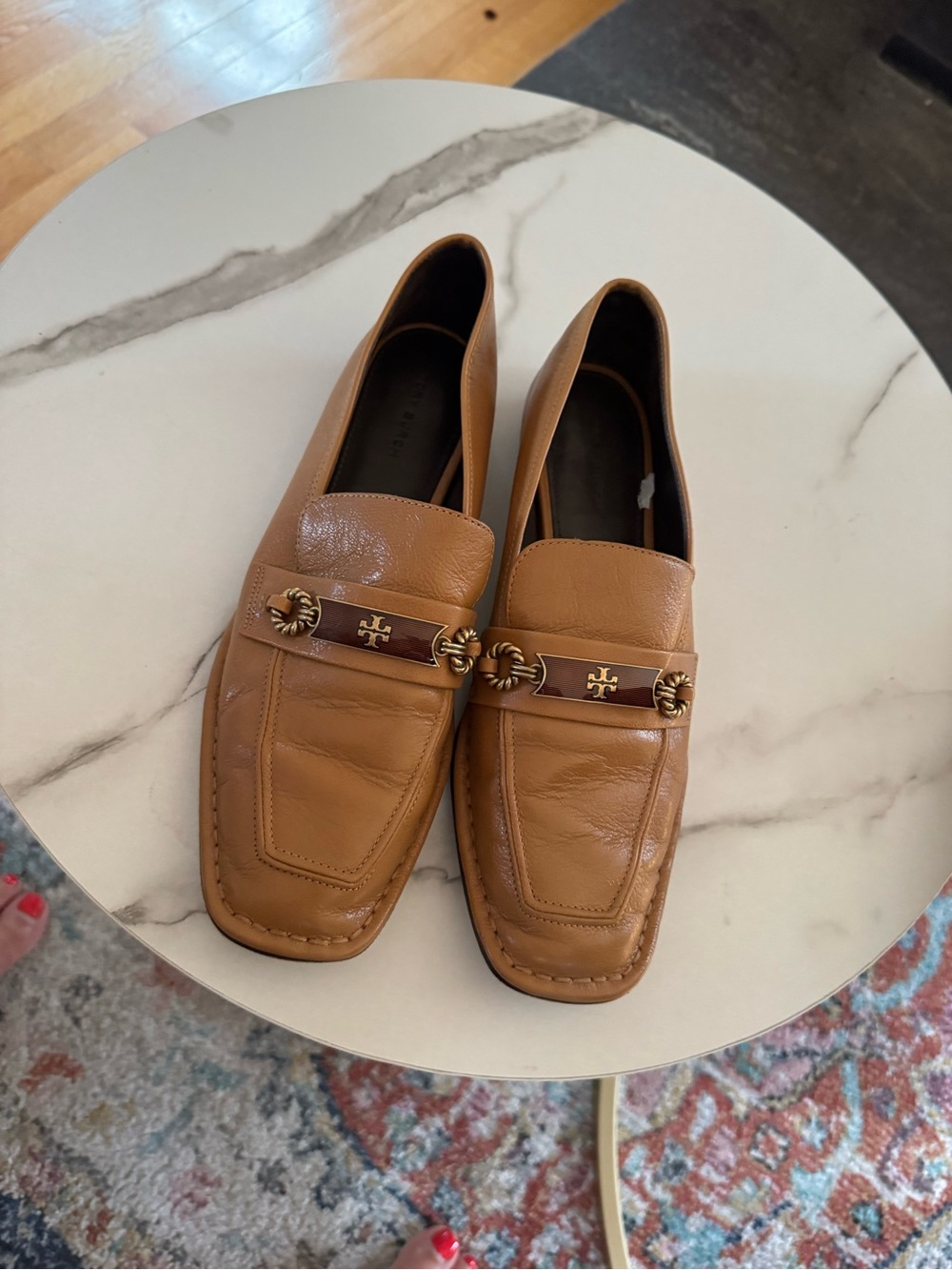 Tory Burch Tan Leather Loafers with Gold-Tone Logo Hardware